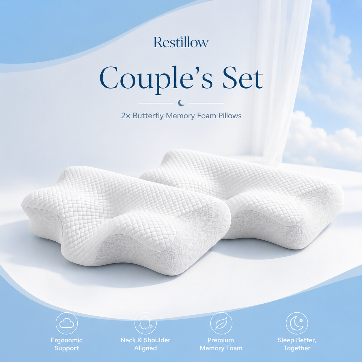 Restillow™ Couple’s Set — 2× Butterfly Memory Foam Pillows
